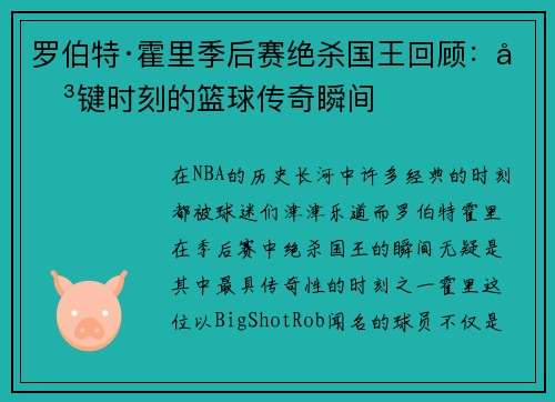 罗伯特·霍里季后赛绝杀国王回顾：关键时刻的篮球传奇瞬间